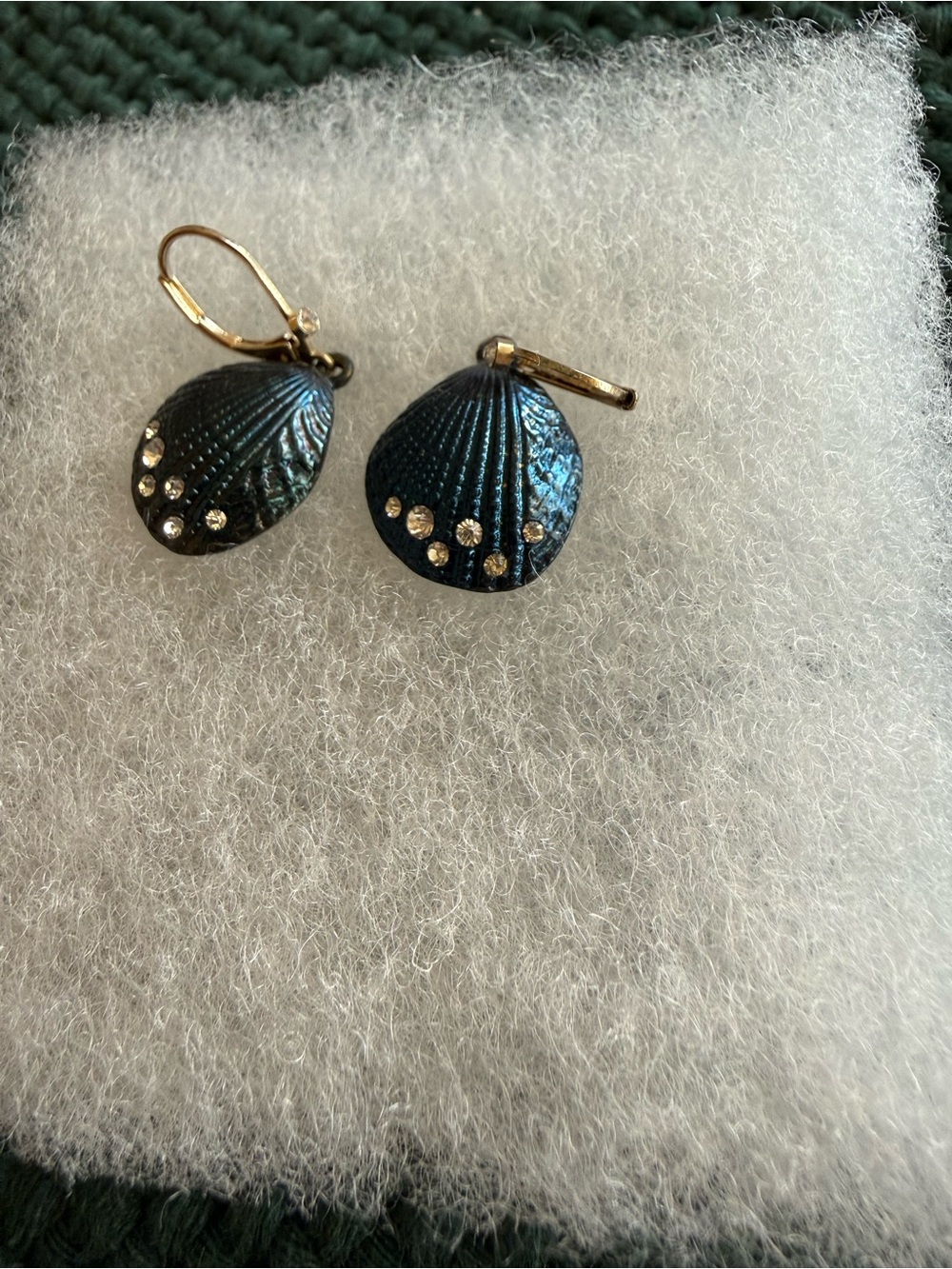 Dark Teal Shell Drop Earrings with Gold Accents - Picture 2 of 8